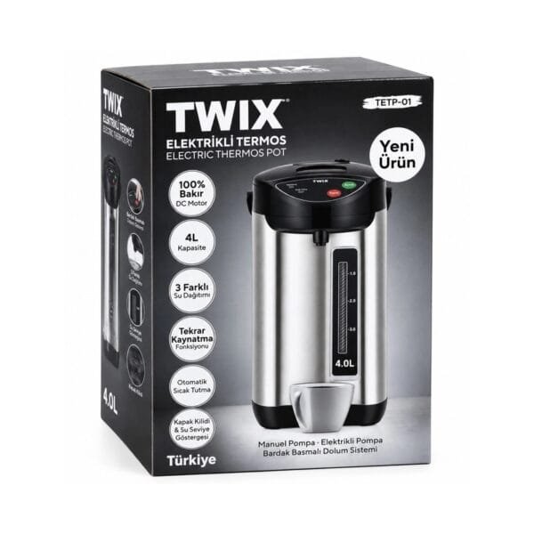 Originalno pakovanje Kumtel Twix električnog termosa TETP-01 sa oznakama 4L kapaciteta i tri načina točenja