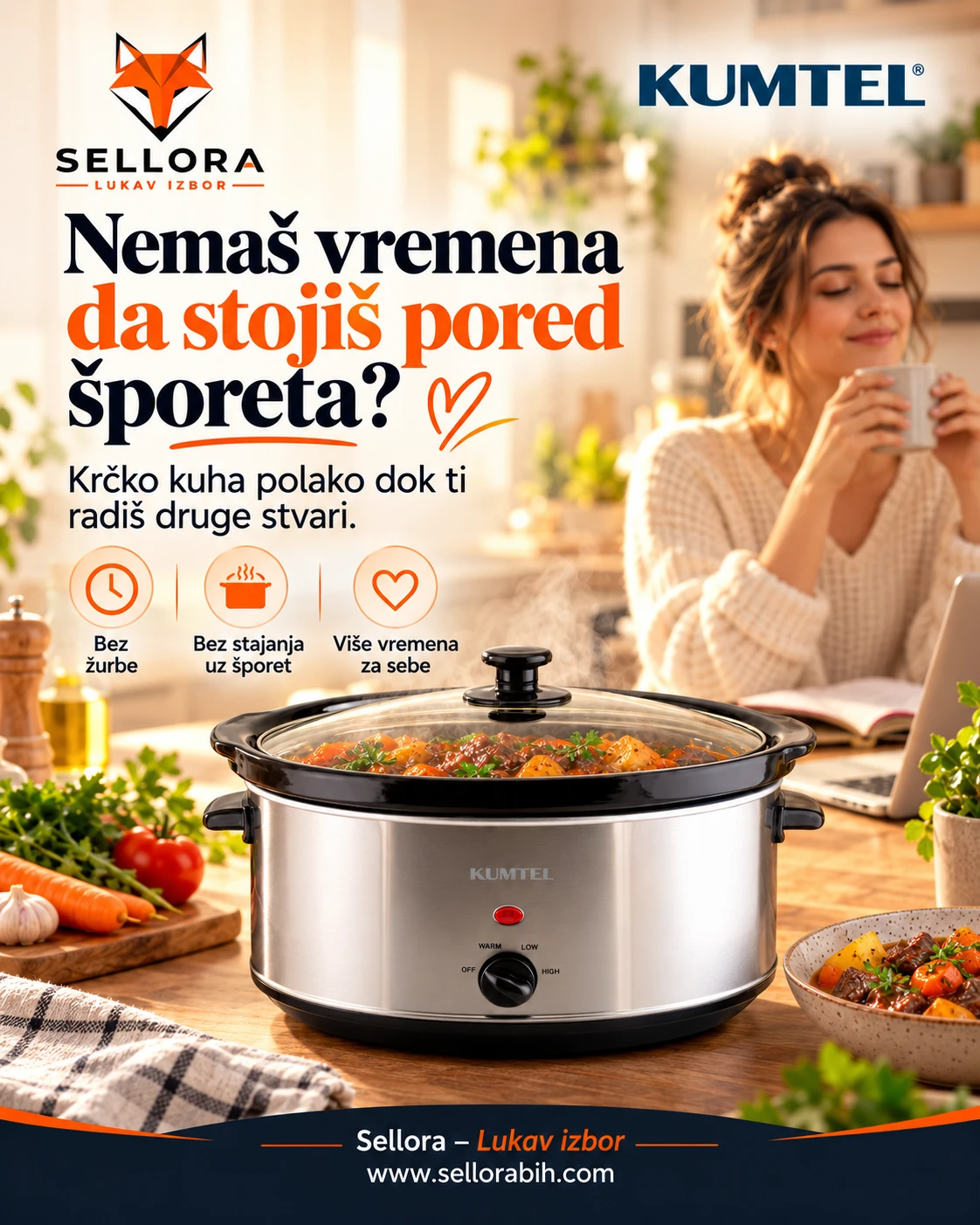 Kumtel Krčko 6,5 L krčka ručak dok ukućani rade druge stvari — sporo kuhanje bez stajanja uz šporet