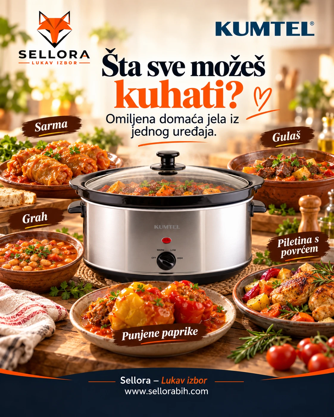 Sarma, gulaš, grah, piletina i punjene paprike pripremljeni u Kumtel Krčku 6,5 L
